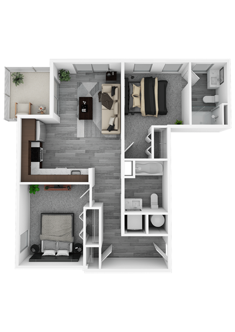 A top-down view of a small apartment with a living room, kitchen, and bathroom.